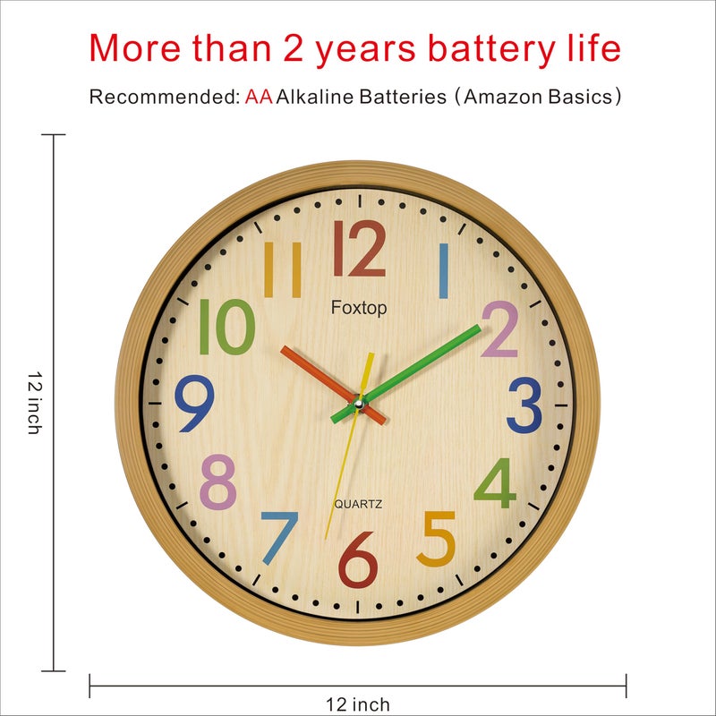 Foxtop Silent Kids Wall Clock 12 Inch Non-Ticking Battery Operated Colorful Childrens Clock for Classroom Playroom Nursery Bedrooms Kids Room School - Image 2